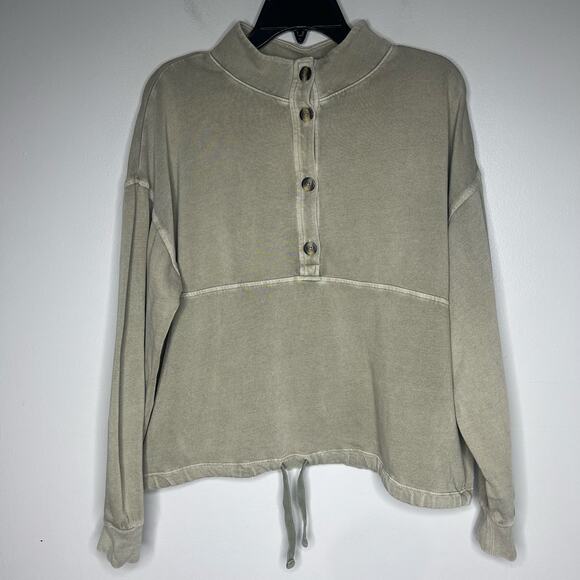 Old Navy Garment-Dyed Mock Neck Henley Sweatshirt Green Crop Drawstring Women S - Picture 2 of 10